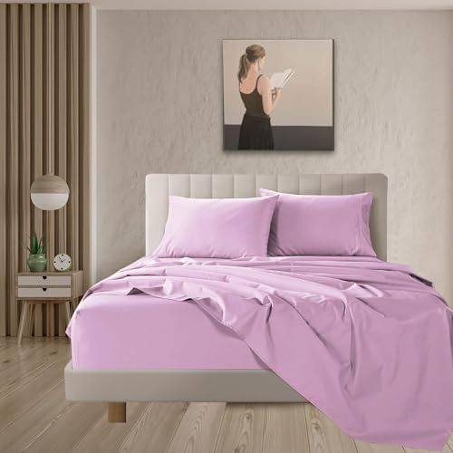 Juego de Sábanas de 3 Piezas de Cama 90 x 200,Poliéster Cepillado y Prelavado,Sábana Bajera Ajustable,Sábana encimera,Una Funda para Almohada de 50x75cm,Suave y Retención de Calor Lila