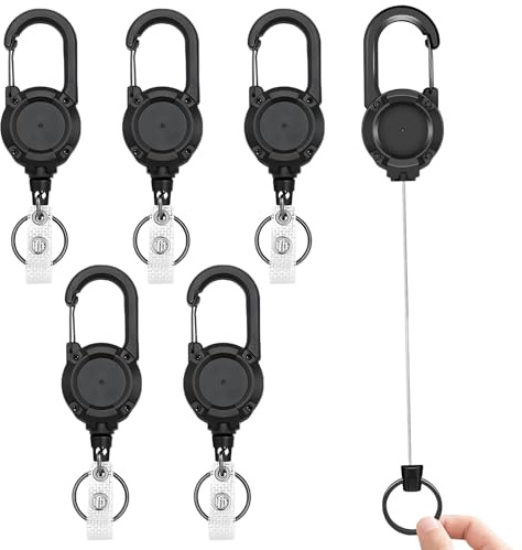 5 Pack Black Heavy Duty Lanyard Badge Reel with 23.6'' Steel Cord, 5 Pcs ID Badge Holders with Poppers and Eyelets, Retractable Keyring, Key Chains for Men, Retractable Lanyard Clip for Outdoor