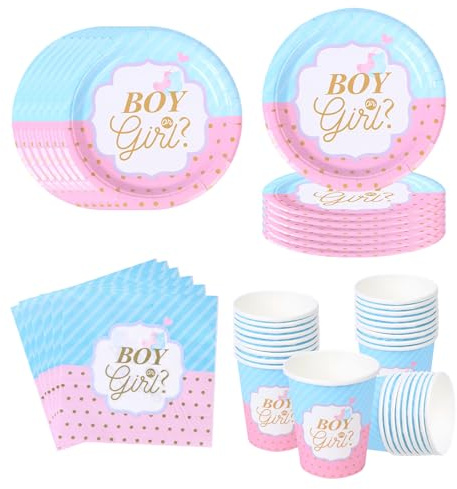 60 Pcs Gender Reveal Stoviglie per Feste, Decorazioni per Feste per Boy or Girl, Decorazioni Gender Reveal, Include Piatti, Bicchieri e Tovaglioli di Carta, Forniture per Baby Shower, per 20 Ospiti