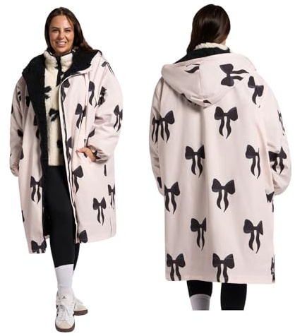 OHS Bow Print Women's Coats Changing Robe, Gifts for Women Oversized Waterproof Jacket Rain Coats for Women Dry Robe with Hood & Pockets Lightweight Breathable Ladies Jackets for Outdoor, Mono - L/XL