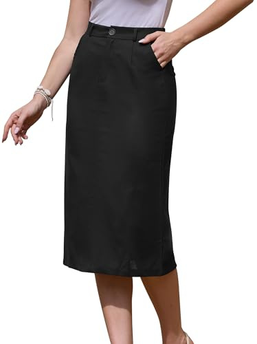 Allegra K Women Casual Summer Cotton Linen Elastic High Waisted Midi Skirt | Breathable keeps you cool. Two side pockets. Button closure. Lightweight and skin friendly. Great for work.