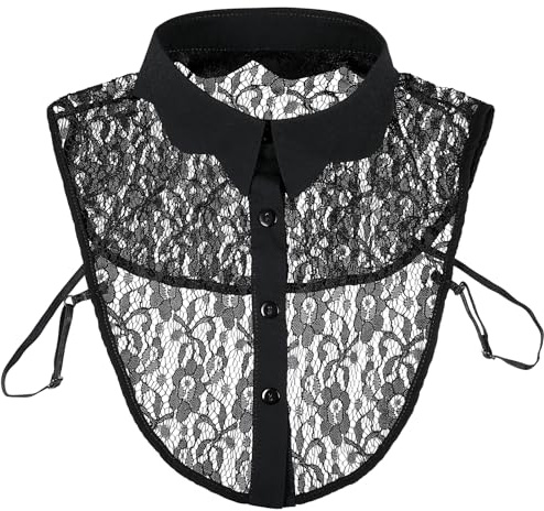 Col Amovible en Dentelle Fleurie Noir pour Femme, Style Chemise | Chiffon Solide, 4 Boutons, Se Porte sous Robe, Pull, T-shirt ou Blouse