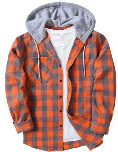 ZITY Men's Flannel Hoodie Shirts Casual Button Down Plaid Shirt Jackets for Men Long Sleeve Stylish Hooded with Pocket Orange Grey X-Large