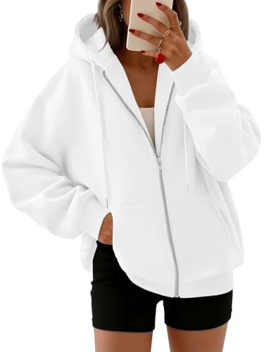 Trendy Queen Womens Zip Up Hoodies Oversized Sweatshirts Fall Fashion Spring Outfits Casual Jackets 2026 Winter Clothes White M