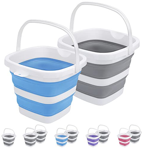 2 Pack Collapsible Buckets 5L 1.3Gallon Small Cleaning Bucket for Household Portable Plastic Bucket Outdoor Car Washing Tub Foldable Camping Beach Sand Water Pot Pail Space Saving Square Grey and Blue
