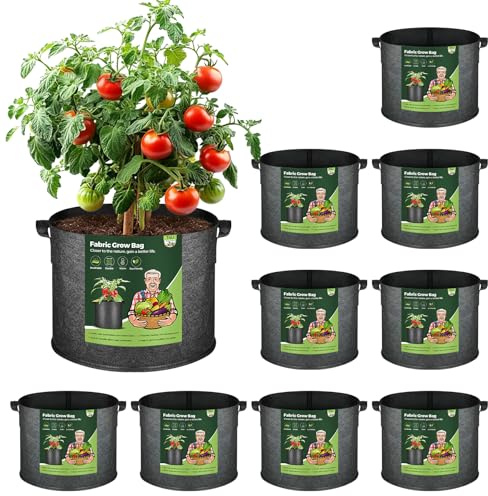T4U Grow Bags with Handles, 10 Gallon 10 Pack Fabric Grow Bags for Vegetables, Breathable Fabric Pots for UK Gardeners Growing Tomatoes, Potatoes & Courgettes in Patios, Small Gardens or Allotments