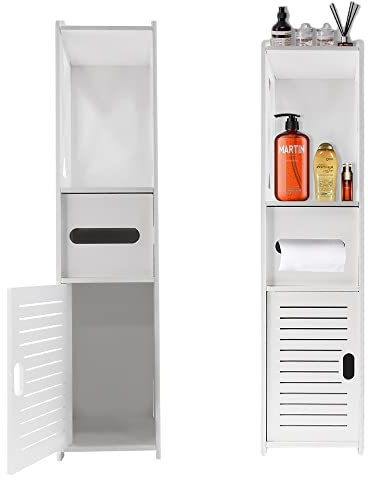 Qimu Bathroom Floor Cabinet,Waterproof FreeStanding White Slim Bathroom Storage Unit with Daily Use Layer and 1 Cupboard Door,Multi-purpose Cabinet for Store Toilet Paper,Shampoo,18x20x80CM