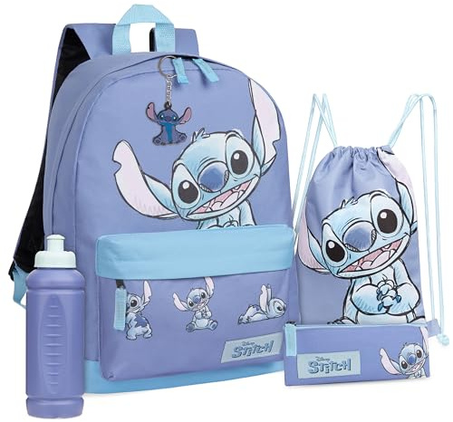 Disney Stitch School Bag Set, 5 Pieces with Backpack, Drawstring Bag, Pencil Case, Water Bottle & Keyring - Stitch Gifts