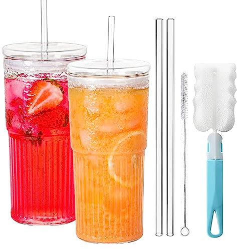 DAZZTIME Tazas de Vidrio con Tapas Y Pajitas,2 Piezas Tazas de Agua de Vidrio Transparente a Rayas,Vaso de Vidrio Reutilizable,Tazas de Té de Burbuja,Tazas de Café Helado,Vasos de Soda(570 ml)