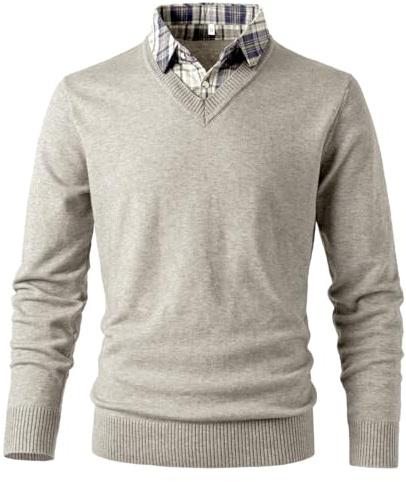 Btmpmcs - Maglione da uomo con scollo a V, aderente, casual, a maniche lunghe, con inserto a colletto di camicia, in maglia, felpa, top, A-cachi, M