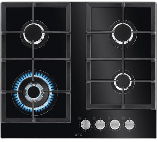 AEG 6000 Series Gas Hob HKB64420NB, 60cm, 4 Cooking Zones, Gas on Glass Hob, Step Power, Speed and WOK Burner, Cast Iron Pan Supports, Integrated Ignition, Automatic Switch Off, 40x560x480mm, Black
