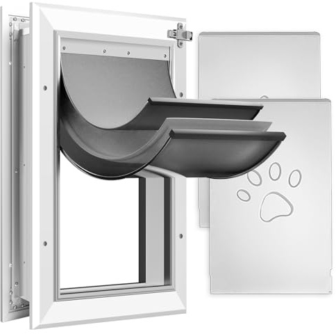 [Petoasis] 3-Flaps Heavy-Duty Dog Door, Rust Proof Aluminum Alloy Frame, Extreme Weather Dog Door Can Block Wind, Snow, and Rainwater Intrusion (Silvery White, Large for Door)