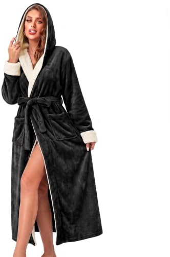RONGTAI Womens Plush Fleece Hooded Bathrobe Thick Nightgown Long Robe Sleepwear with Two Side Pockets and Belt | Ultra-soft plush fabric delivers cozy comfort & quick warmth,for relaxing mornings,peaceful evenings & everyday home moments