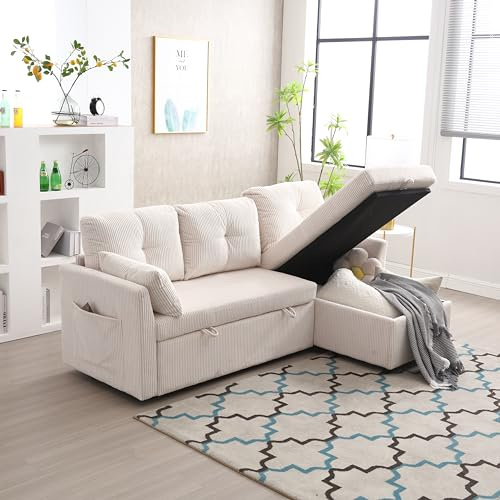 Sapgaks Canapé sectionnel modulable en L, canapé d'angle modulable pour Salon avec méridienne Interchangeable, Tissu Velours, canapé lit Multifonction avec Rangement et lit gigogne, Beige