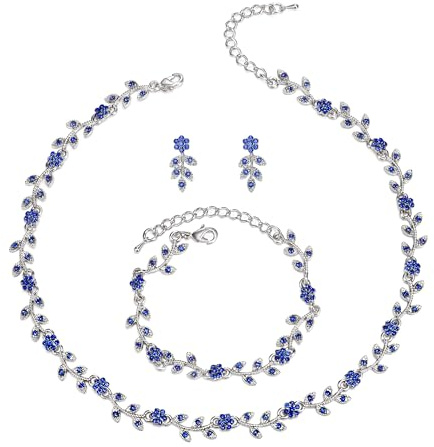 Clearine Wedding Jewellery Set for Women Bride, Gorgeous Stunning Crystal Flower Leaf Cluster Choker Necklace Link Bracelet Stud Earrings for Prom Cocktail Party Dark Blue Silver-Tone