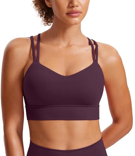 CRZ YOGA Butterluxe Women's Strappy Sports Bra Molded Cup Criss Cross Yoga Bra Padded Longline Workout Crop Top Deep Purple M