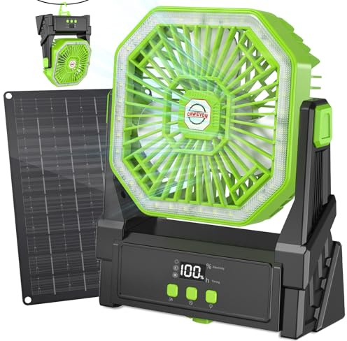 Cawevon 10000mAh Solar Fan With 10W Panel & Light - 4 Speeds Portable With LED Display, Timer, Hanging Hook & 180° Adjustable - Battery Operated Rechargeable for Outdoor (Green)