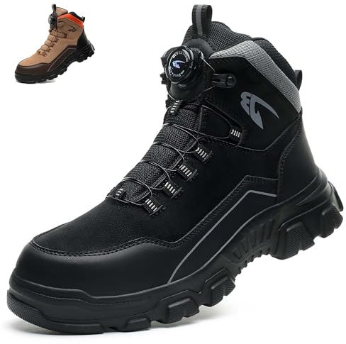 COOU Sicherheitsstiefel Herren Wasserdichte Arbeitsschuhe Damen Leicht Sicherheitsschuhe Rutschfest Drehverschluss Stahlkappenschuhe Schwarz 43/C26