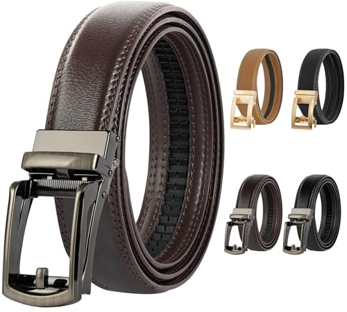 DiULi Cinturones Hombre, 120 cm Cinturon Hombre Cuero, Cinto Homem Automática, Ajustable, Cinto de Trinquete sin Agujeros, Cinturón de Cuero para Pantalones de Traje (1Pc-Marrón)