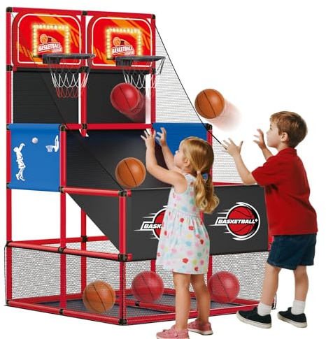 Drmukie Upgrade Dual Basketball Arcade Game Kids Basketball Hoop with Electronic Scoreboard LED Light 6 Balls Indoor Outdoor Sports Toys Gifts for Boys Girls Ages 3-8 (Red)