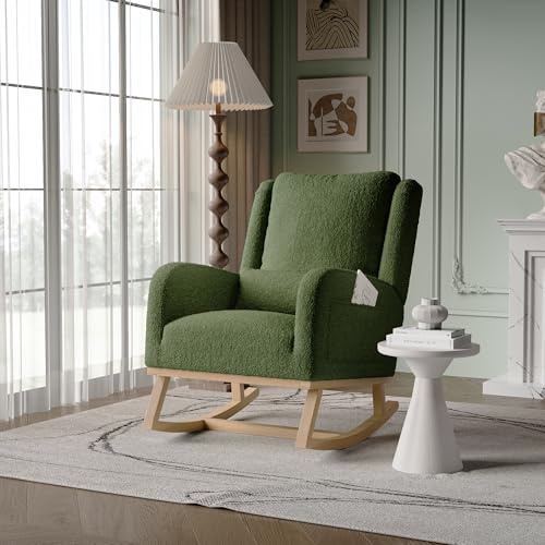 HFASD Sedia a dondolo da allattamento imbottita con gambe in legno, cuscino lombare e 2 tasche laterali, poltrona da lettura per soggiorno, camera da letto, balcone, tessuto orsacchiotto (verde)