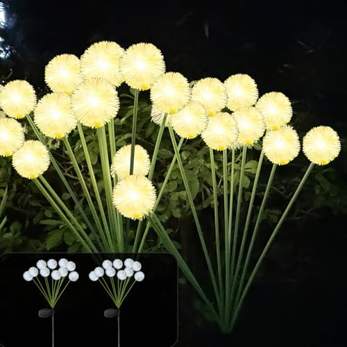 Luci Solari da Giardino da Esterno, 2 Pezzi Luci Giardino Energia Solare di Dente di Leone, 20 LEDs, 2 Modalità, Bianco Caldo, IP65 Impermeabile, per Balcone Cortile Patio Sentiero Prato decorazioni