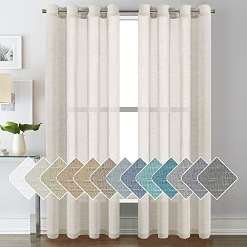 H.VERSAILTEX Natural Linen Sheer Curtains Flax Linen Blended Curtain Panels Living Room, Nickel Grommet Semitransparent Semi-Sheer Soft Privacy Drapes, Natural, 84 inches Long 2 Panels