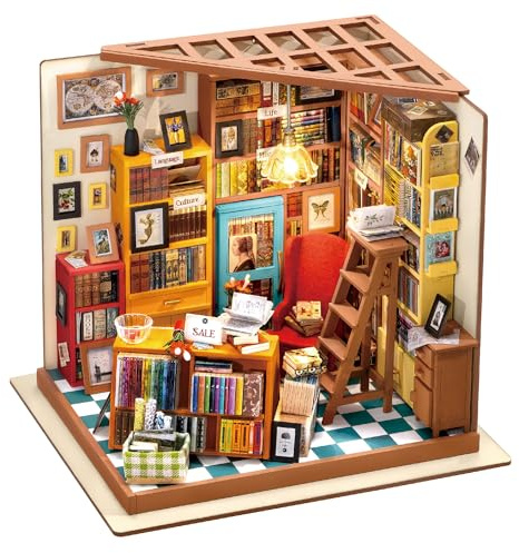 Rolife DIY Miniature House Kit for Adults Books Store, Sam's Study | Intermediate Level, 6 Hours, Book Nook Kit, Wooden Dollhouse, Handmade Model Kit, Shelf Decor, Gift for Book Lovers