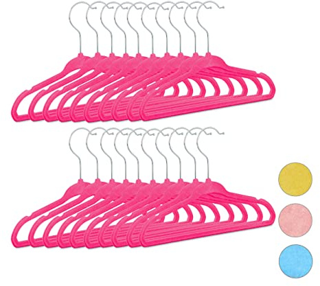 Relaxdays Kleiderbügel Kinder 20er Set, rutschfest, Kinderbügel mit Samtbezug, Babybügel, 360° drehbare Haken, neonpink