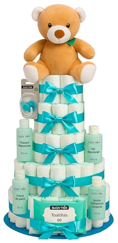 Tarta de Pañales Personalizable XXL Azul Regalo Bebé Recién Nacido Niño Canastilla Bebe Recién Nacido. Chupete Gel Toallitas Loción Crema. Cesta Accesorios Bebe Recien Nacido Regalos Mamás Primerizas