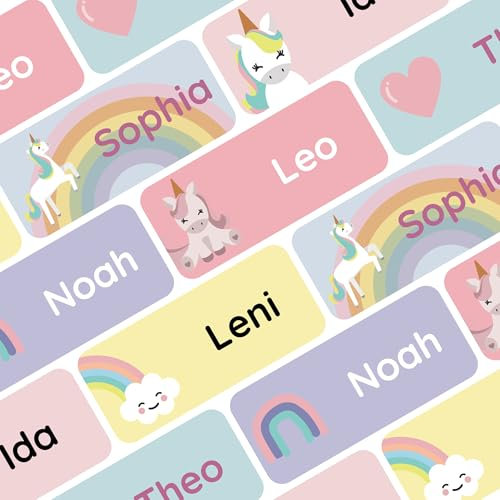 Klebekerlchen® Namensaufkleber für Kinder (120 Stück), Kleidung & Gegenstände Namensschilder personalisiert und waschmaschinenfest, Schule und Kindergarten - Einhorn