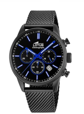 LOTUS Reloj Hombre Analógico de Acero Inoxidable 316l Negro - Movimiento de Cuarzo - Cronógrafo - Calendario - Cristal Mineral de Alta Resistencia - Resistente al Agua 5 ATM Casual 18700/3 Chrono