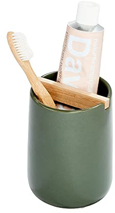 iDesign Ceramic Earth Collection Toothbrush Holder with Paulownia Wood Divider, Moss/Natural Wood