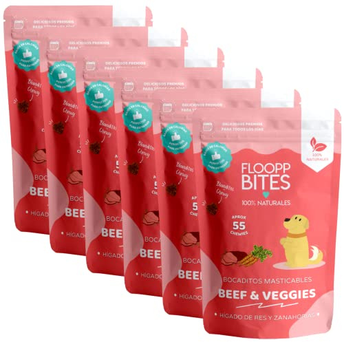 Floopp Bites Snack Naturali per Cani, Bocconcini Morbidi con Fegato Miele e Carota, Ricchi di Proteine, Confezione 6x50g