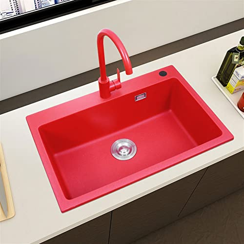 Red Granite Kitchen Sink Single ​Bowl ​ Built-in Undercounter Wash Basin Household Quartz Stone Bar Sink for Kitchen Bathroom Cloakroom Balcony Laundry(B,50x43cm)