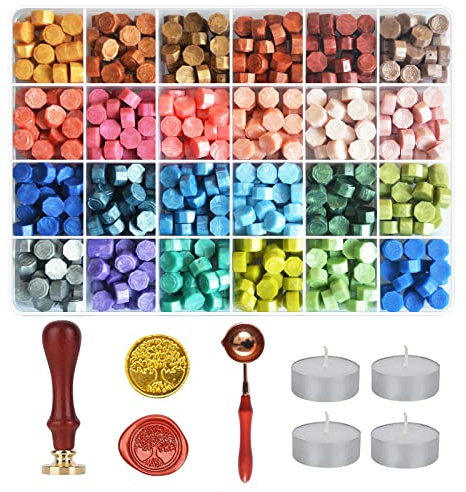 24 Colors Wax Seal Kit,600 Pcs Sealing Beads,Seal Stamp Kit with Spoon,Stamps Removable Wooden Handle,and 4Pcs Tea Candles,Sealing Wax for Beginner,Seal Stamp for Wedding Invitations Letter