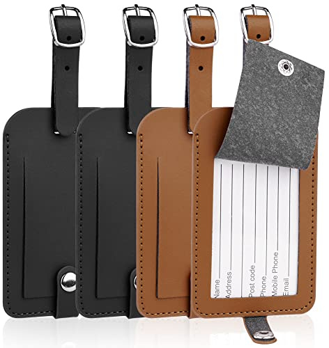 Flintronic 4 Pcs Luggage Tags, Leather Baggage Labels, Suitcase Name ID Card Tag Set, Leather Tags Travel Handbag Accessories for Preventing Loss of Bags(2Black + 2Brown)