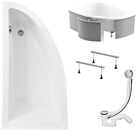 KOLMAN Badewanne PRAKTIKA Eckbadewanne 140x70 Links mit Styroporverkleidung, Ablaufgarnitur und Füßen Komplettset 4in1 Premium Original Acryl Wanne Siphon