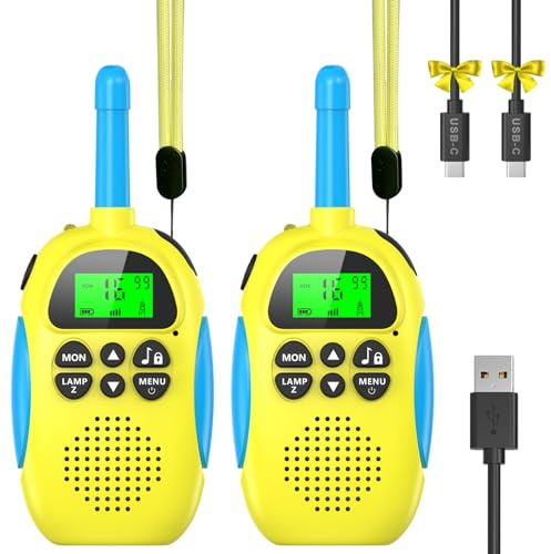 Ushining Walkie Talkie Recargable para Niños, Walkie Talkies con Función VOX 10 Tonos de Llamada LCD Retroiluminado Linterna Larga Distancia 3KM, Regalo para Niños, Amarillo