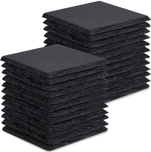 24 Pieces Slate Drink Coasters, GOH DODD 4 Inch Black Coasters Stone Coaster Set, Laser Engraving Blanks with Anti-Scratch Bottom for Home Office Kitchen Housewarming Gifts Wedding Party, Square