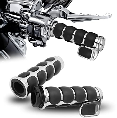 DREAMIZER Universal 1 25mm Chrome Flat Head Motorcycle Hand Grips with Black Non-Slip Rubber Compatible with Harley Honda Yamaha Suzuki Kawasaki w/Big Throttle Assist
