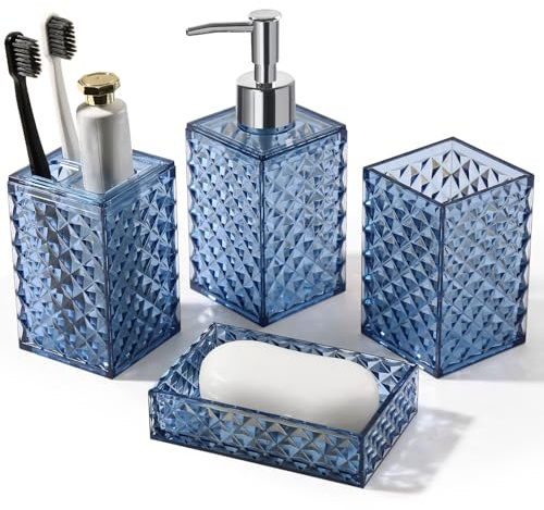 RYTOXILO Bathroom Accessories Set, 4 Pack Blue Acrylic Bath Accessory Sets Complete, Diamond Soap Dispenser and Toothbrush Holder Bathroom Counter Sink Set, Boho Modern Bathroom Decor