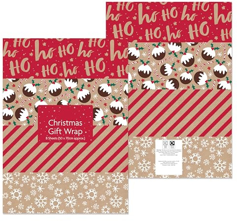 1Above 16 Large Flat Sheets of Recycled Kraft Christmas Wrapping Paper – 4 Assorted Designs - 70x50cm (1)