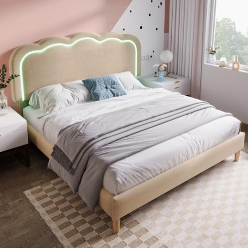 Sweiko Lit rembourré 140 x 200cm, Cadre de lit avec sommier à Lattes, lit Adolescent en Lin pour Chambre à Coucher, Chambre d'amis,Beige