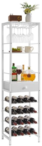 IBUYKE Wine Rack Freestanding Floor,Coffee Bar Cabinet 4-Tier Wood Wine Rack,Glass Holder and Storage Drawer for Home Bar Kitchen Living Room,White TMJ905W