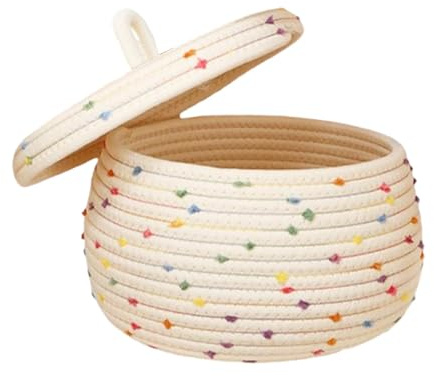 Copas de cuerda de algodón boho trenzadas, cesta pequeña cesta de almacenamiento de cuerda trenzada cesta tejida cesta de cuerda de algodón con tapa, cestas tejidas para guardar hilo, juguetes