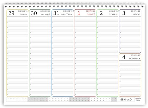 Agendepoint.it Planning Settimanale Colors Spiralato A4 21x30cm Con Layout Orario Dalle 7:00 Alle 22:00, 55 Fogli, Copertina Plastificata 300-600 Micron, 2026