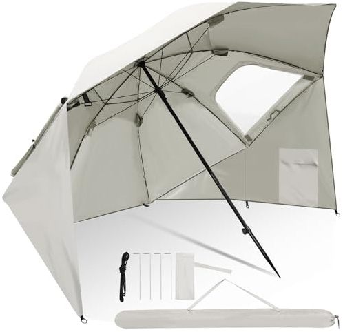 Herrselsam Ombrellone da spiaggia | robusto ombrello 2 in 1 per spiaggia giardino | protezione solare impermeabile UV | pieghevole multifunzionale | kaki