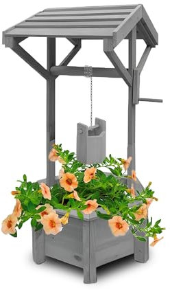 BONAFIDE Wooden Wishing Well Planter with Hanging Bucket, Flowers Shrubs Plants, Heavy Duty Garden Ornamental Flower Pot, Wooden Ornamental Garden Plant/Flower (GREY)