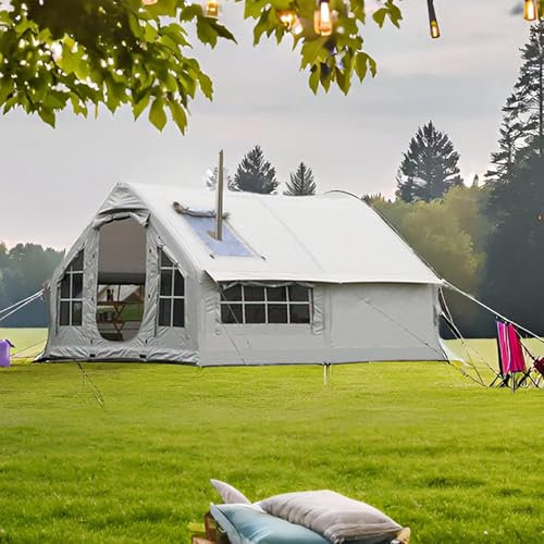 Uppblåsbart tält, vattentätt tält, uppblåsbart för camping 6–8 personer, familjetält med ugnshål och luftpump, glampingtält, stora tält, huslufttält, snabb montering (grå)